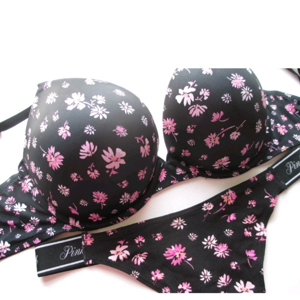 VICTORIA'S SECRET PINK Super Push-Up Bra and Thong Panty Set VS Floral Black NWT